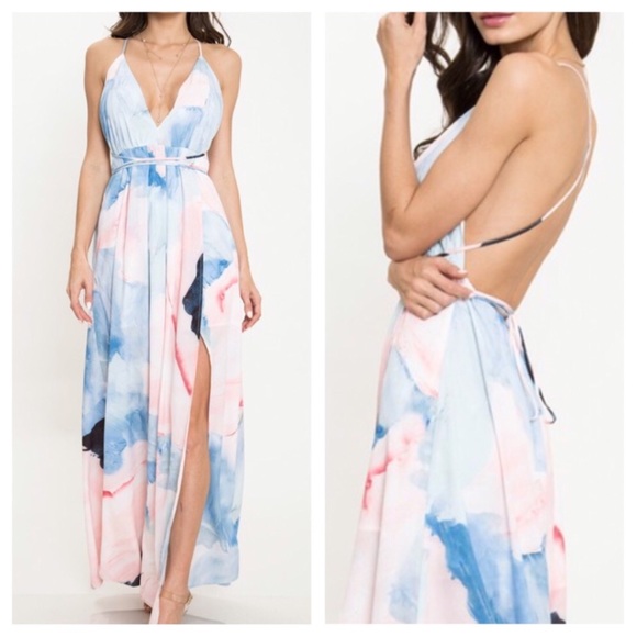 Marble Ink Drop Watercolor Plunge Maxi Dress - Picture 4 of 5
